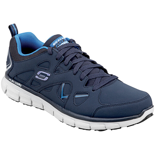 A close up of a navy blue Skechers non-slip athletic shoe for men.