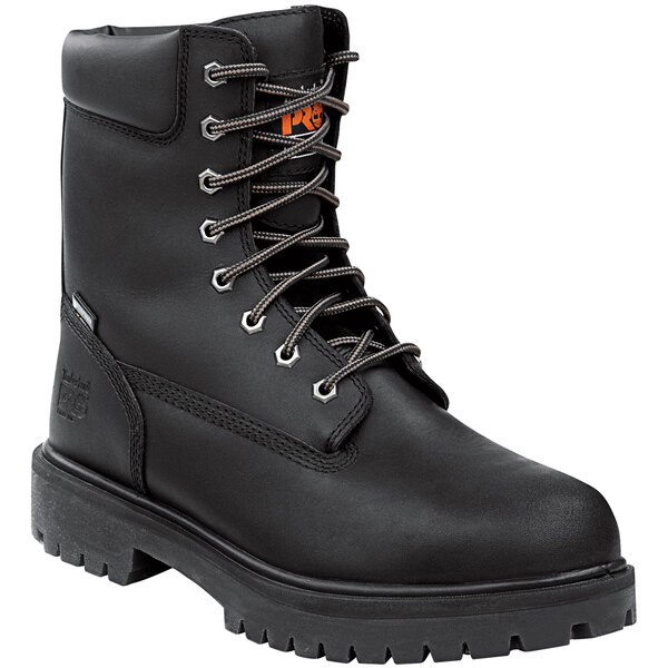 A black Timberland PRO steel toe boot with laces.