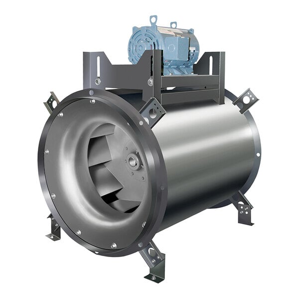 A NAKS belt drive inline exhaust fan with a large metal cylinder and blue motor inside.