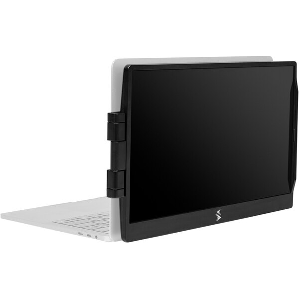 A laptop with a Luxor SideTrak portable monitor on a white background.