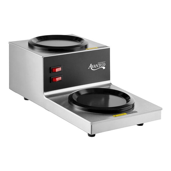 A silver and black Avantco double burner decanter warmer on a white surface.
