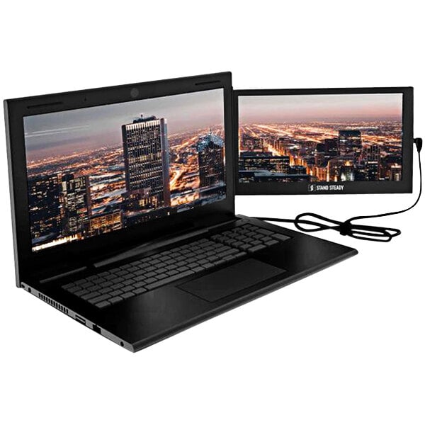 A Luxor SideTrak portable monitor attached to a laptop with a cityscape on the screen.