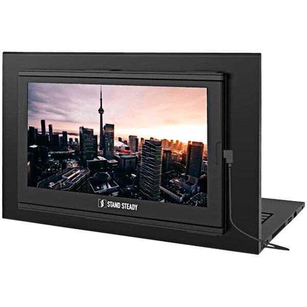 A black rectangular Luxor SideTrak portable monitor attached to a metal bar with a cityscape on the screen.