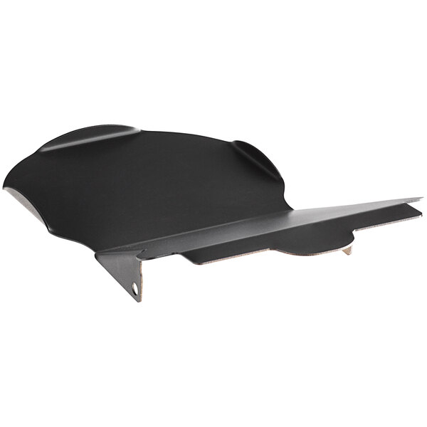 A black metal tray with a curved edge and a handle.