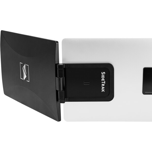 A white and black portable monitor with a black hinge.