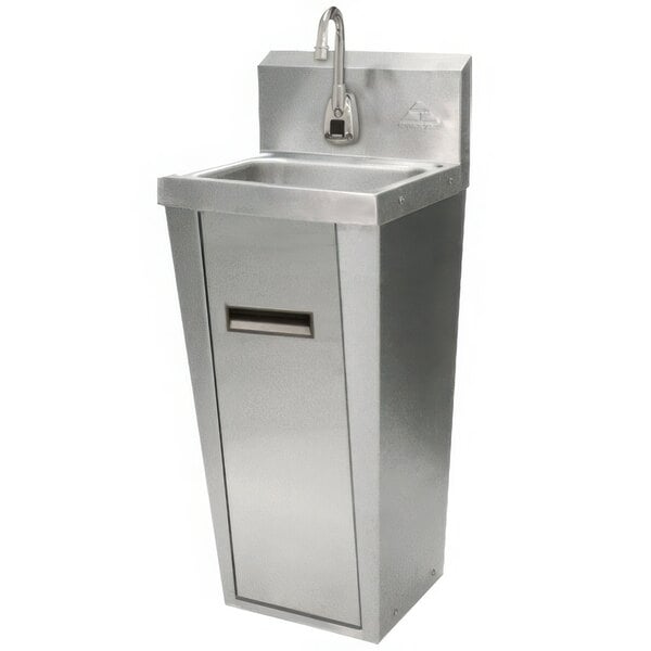 An Advance Tabco stainless steel hand sink with a silver rectangular electric faucet.