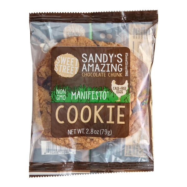 A packaged Sweet Street Desserts Sandy's Amazing Chocolate Chunk Cookie weighing 2.8 oz.