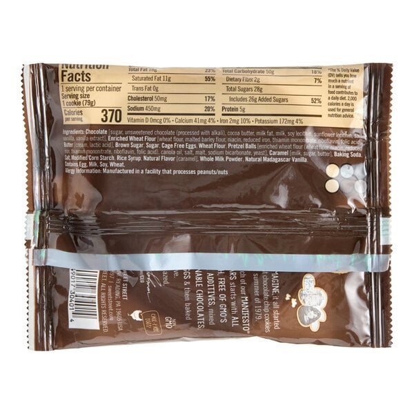 A brown plastic package of Sweet Street Desserts Frozen Sandy's Amazing Chocolate Chunk Cookie, 2.8 oz.