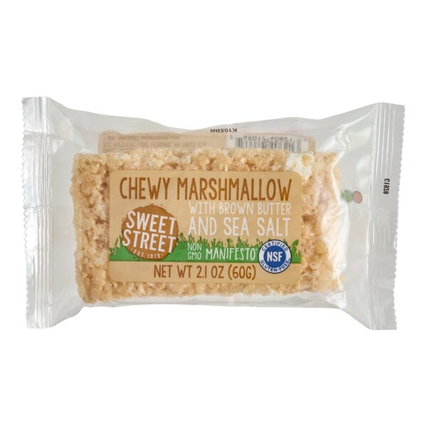 A packaged Sweet Street Desserts gluten-free chewy marshmallow bar with brown butter and sea salt, weighing 2.1 oz.