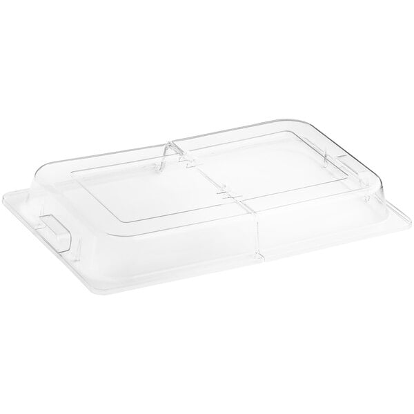A clear Choice full size polycarbonate hinged dome cover over a clear plastic container.