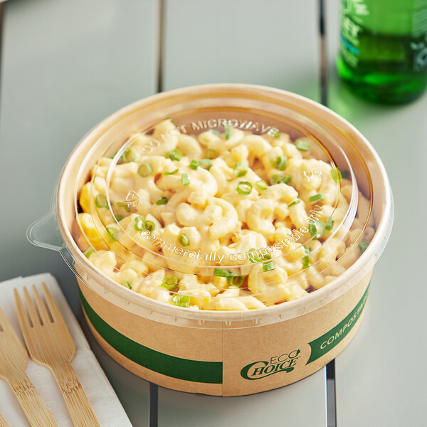 A container of macaroni and cheese with a green EcoChoice PLA lid.