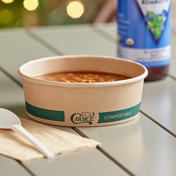 A bowl of beans in an EcoChoice round Kraft paper container on a table.