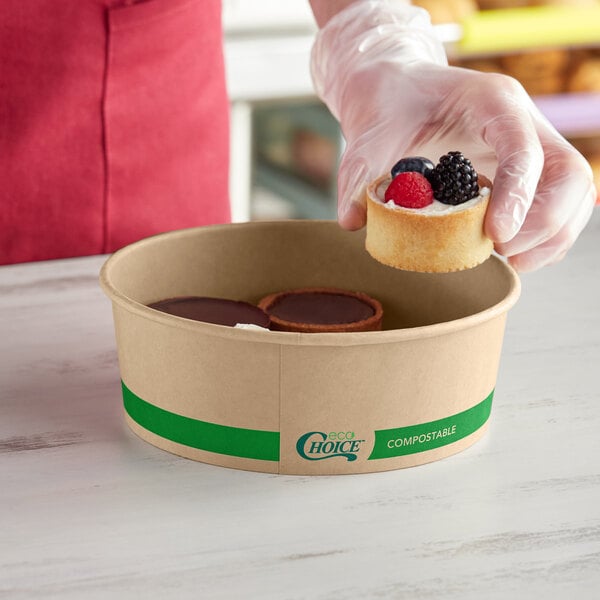 A round kraft compostable take-out container with a green stripe and EcoChoice branding.