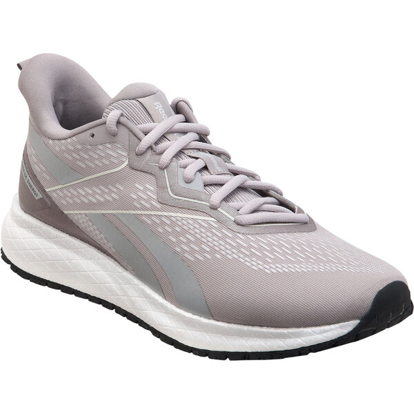 A close up of a Reebok gray and white athletic shoe with a white sole.