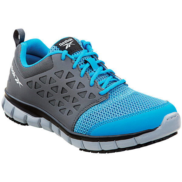 A Reebok Sublite men's athletic shoe in blue and grey.