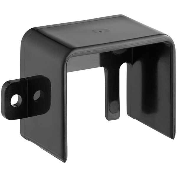 A black metal bracket with two holes.