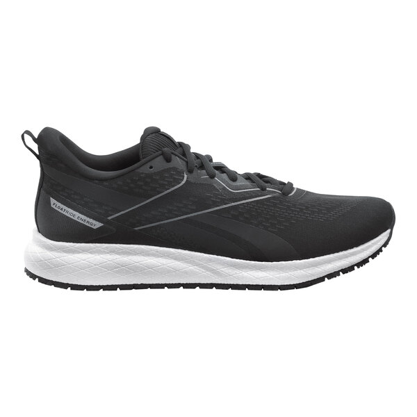 A black and white men's Reebok Work Floatride Energy athletic shoe with a soft toe and non-slip sole.