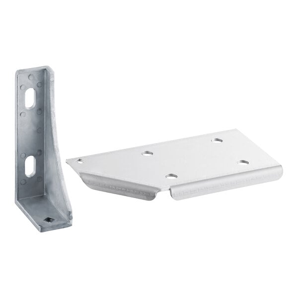 A white metal Avantco hinge bracket with two holes.