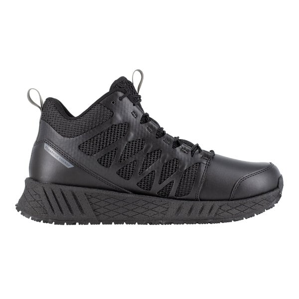 A black mid-high athletic shoe with a mesh and synthetic upper, designed for men with a wide width and featuring a non-slip sole.