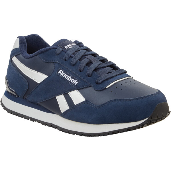 A Reebok navy and white athletic shoe with a soft toe.