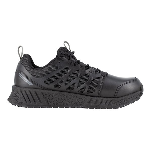 A black Reebok Work Floatride Energy Tactical men's athletic shoe with a soft toe and non-slip sole.