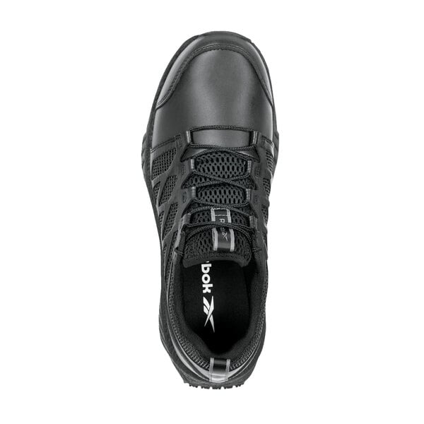 A black Reebok Work Floatride Energy Tactical men's athletic shoe with a soft toe and non-slip sole.