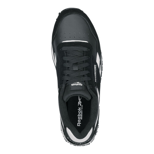 A black and white Reebok Work Harman men's retro jogger athletic shoe with a soft toe and non-slip sole.