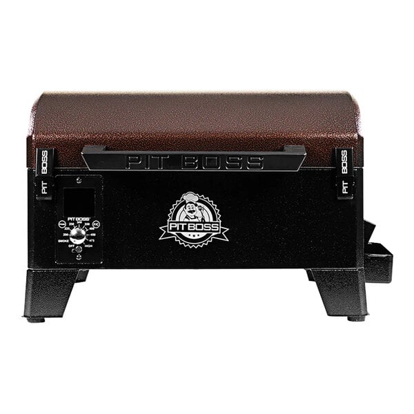 A black and brown Pit Boss tabletop wood pellet grill with a lid.