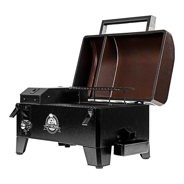 A brown and black Pit Boss tabletop wood pellet grill on a counter.