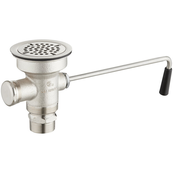 A silver Chicago Faucets twist drain lever on a stainless steel drain.