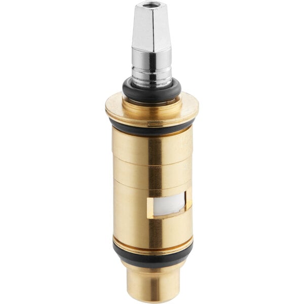 A brass Chicago Faucets water valve cartridge with a black and gold cap.