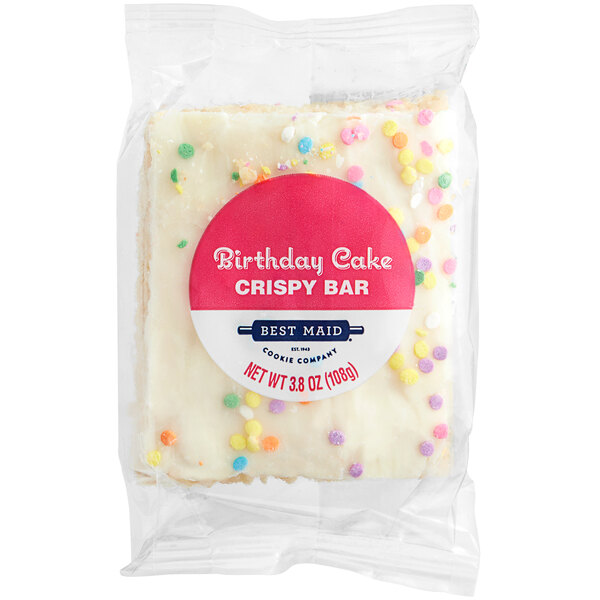 An individually wrapped Best Maid Birthday Cake Crispy Marshmallow Bar with white frosting and colorful sprinkles in a plastic bag.