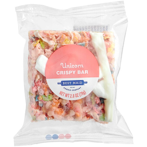 A plastic bag of Best Maid Unicorn Crispy Marshmallow Bars.