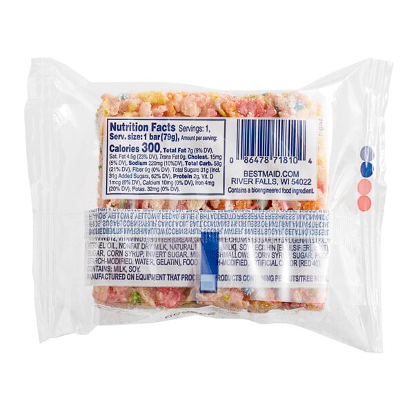 A plastic bag of Best Maid Unicorn Crispy Marshmallow Bars with a label.