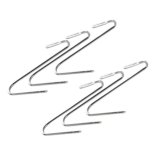 A group of six metal hooks.