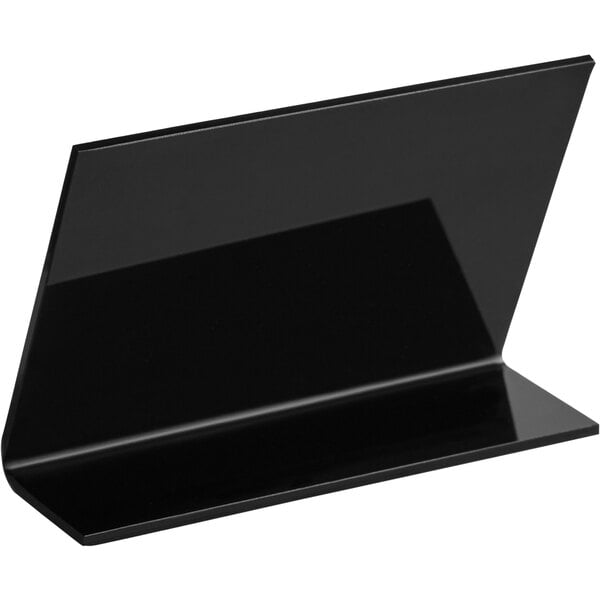 A black rectangular Choice Tabletop Chalkboard Sign on a black plastic stand with a white background.