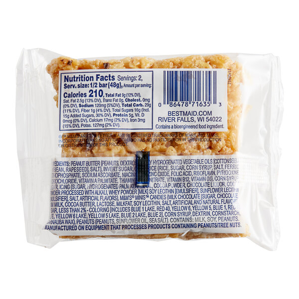 A package of Best Maid Monster Crispy Marshmallow Bars with M&M's on a counter.