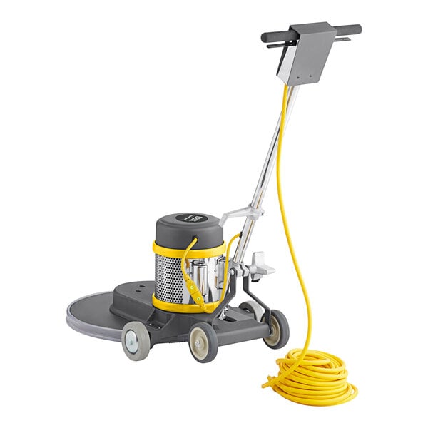 A Lavex Pro floor burnisher with a yellow cord and wheels.