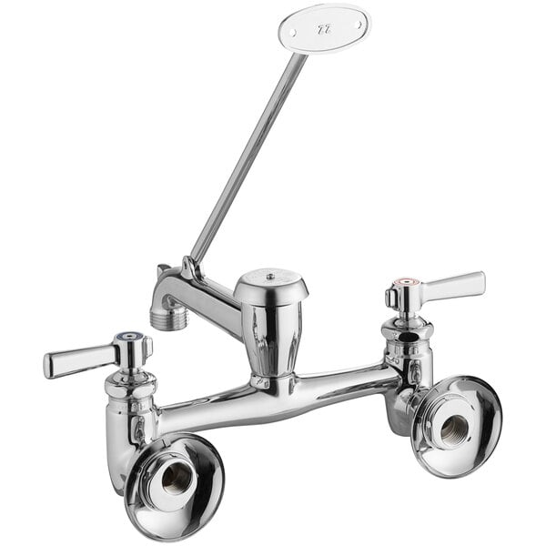 A Chicago Faucets wall-mounted sink faucet with chrome finish and two handles.