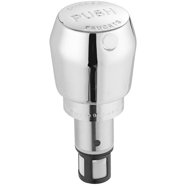 A Chicago Faucets MVP metering push handle retrofit kit with a chrome and black handle.