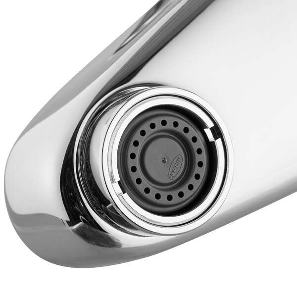 A close up of a Chicago Faucets deck-mounted sink faucet with a chrome finish.