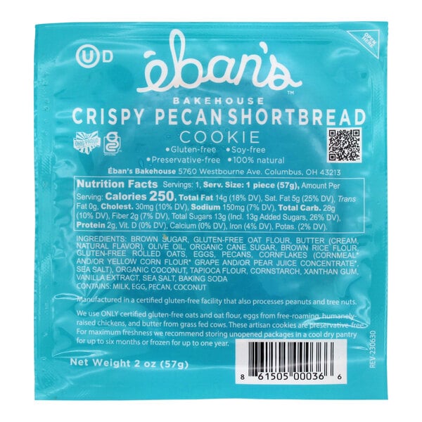 A blue package of Eban's Bakehouse crispy pecan shortbread cookies with white text.