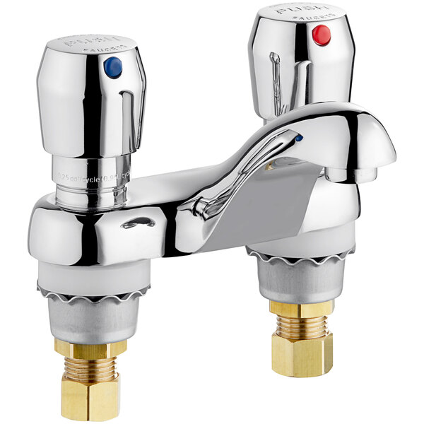 Two Chicago Faucets deck-mounted metering faucets with chrome finish.