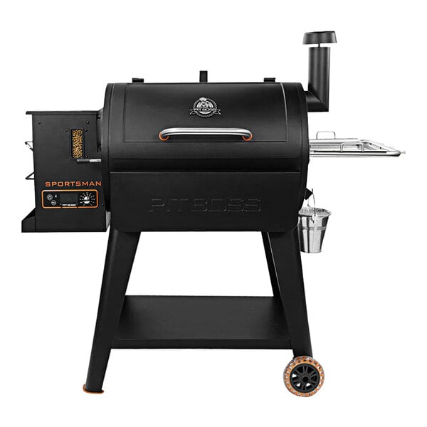 A black Pit Boss barbecue grill with a silver handle.