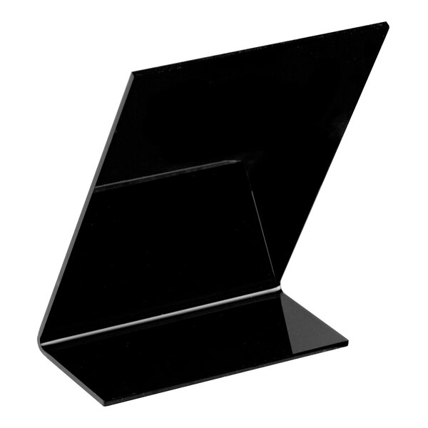 A small black tabletop chalkboard sign with a slanted design for display.