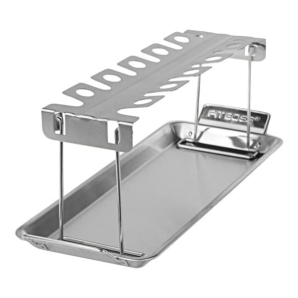 A stainless steel Pit Boss wing rack with handles.