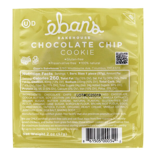 A case of Eban's Bakehouse individually wrapped chocolate chip cookies with a white label.