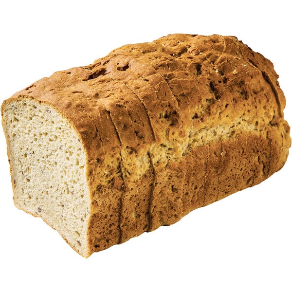 A loaf of Eban's Bakehouse Gluten-Free Flaxseed Oat Bread with a slice cut out.