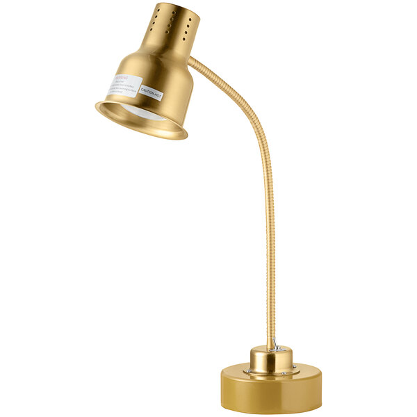 An Avantco gold heat lamp with a white weighted base.
