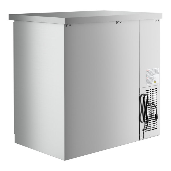 An Avantco stainless steel rectangular back bar cooler with a door open.